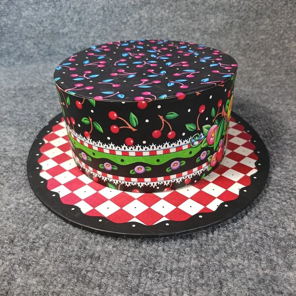 Mary Engelbreit Hat Shaped Gift Box Black Red Cherry Floral Storage